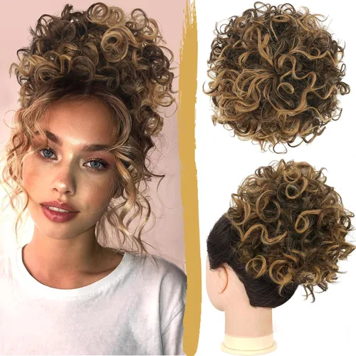 Vista 18 de PEACOCO - Piezas de pelo para moño desordenado para mujer, gran moño afro rizado elástico con cordón, moño de onda suelta sintético, extensión