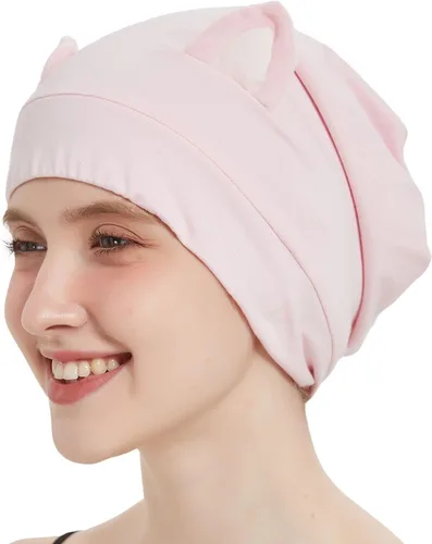 Vista 9 de Hat Hut Gorro de satén de seda para el cabello, gorro de dormir para cabello rizado, gorro ajustable con forro de seda con orejas