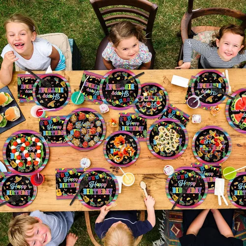 Vista 6 de Tevxj Juego de vajilla de 96 piezas para fiesta mexicana de feliz cumpleaños, platos de postre desechables, platos de fiesta, servilletas, tenedores