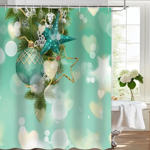 Vista 3 de Cortina de ducha de Feliz Navidad para baño, Nochebuena, Año Nuevo, arte bokeh verde, juego de cortina de ducha moderna de Navidad, cortina de ducha