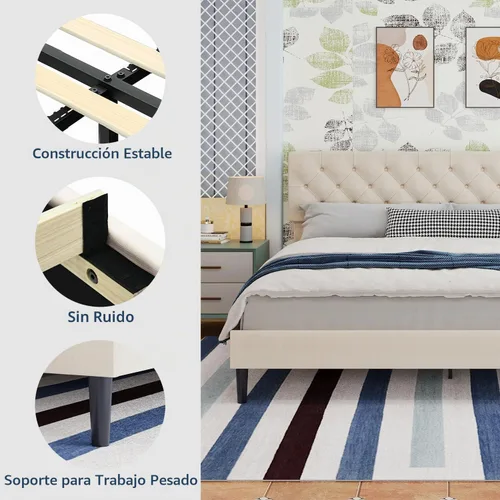 Vista 7 de BarnFurin Base de cama tamaño King, plataforma tapizada con cabecera capitoné con botones, marco de cama de tela con soporte de listones de madera