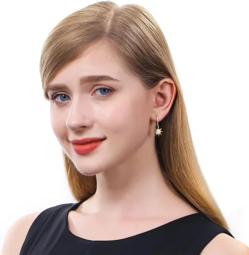 Vista 5 de Pendientes de sol dorados para mujer, aretes colgantes para niña, aretes de circonita cúbica, Plata Cobre Circonita cúbica, No es una piedra preciosa