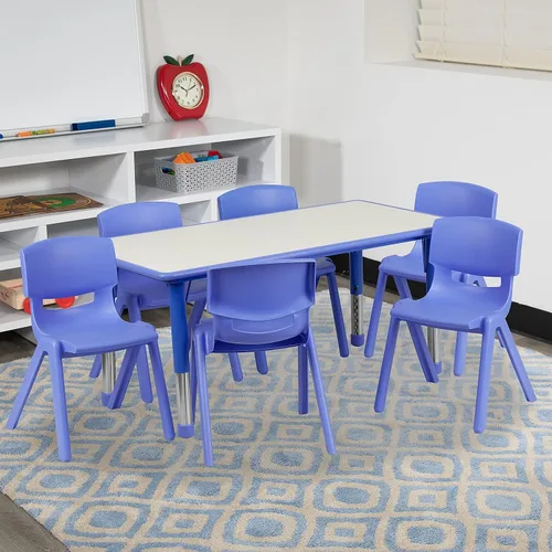 Vista 2 de Conjunto Flash Furniture de mesa resctangular y 6 sillas apilables, de plástico, con 6 sillas apilables para escuela, Acero, Azul