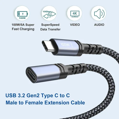 Vista 3 de OKRAY - Cable de extensión USB C de 3.3 pies USB 3.2 tipo C macho a hembra, carga rápida de 100 vatios/transferencia de datos de 10 Gbps/4K a 60 Hz