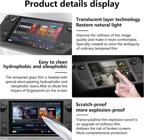 Vista 5 de Protector de pantalla para Steam Deck OLED de 7.4 pulgadas (2023) – Película de vidrio templado 9H, transparente HD antiarañazos, caja de piel