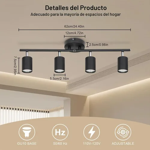 Vista 7 de Ketom Luminarias de Riel de Techo de 4 Luces, Foco LED de Techo Negro GU10, Kit de Luz de Riel Moderno para Cocina Pasillo Sala de Estar