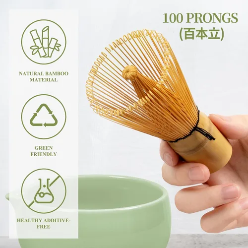 Vista 2 de YIBO Matcha Whisk Set, Matcha Kit Bamboo Whisk and Ceramic Bowl with Spout & Measuring Spoon & Cup, Japanese Ceremony Matcha Tea Making Tools Green