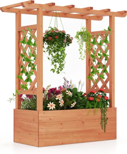 Vista 14 de HAPPYGRILL Cama de jardín elevada con enrejado y techo colgante
