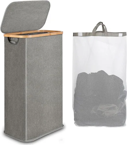 Vista 13 de iEGrow - Cesta de lavandería delgada de 65L, cesta de lavandería estrecha con tapa, cesta de ropa plegable con asas de bambú, cesta de lavandería