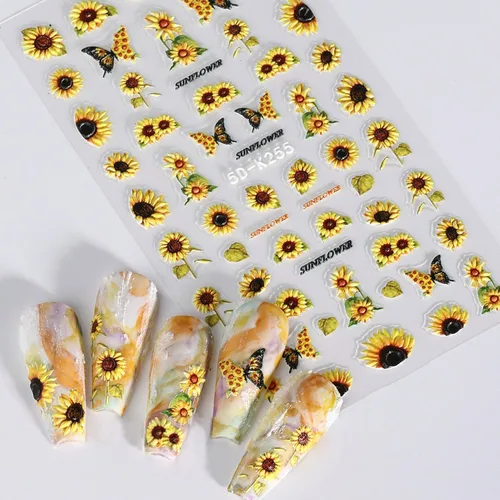 Vista 5 de 4 hojas de calcomanías de girasoles para uñas, calcomanías 5D en relieve de flores de sol de verano, calcomanías de uñas grabadas con flores