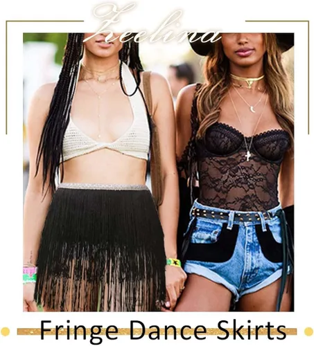 Vista 4 de Zeelina Faldas de baile con flecos, falda de lentejuelas, falda envolvente con borlas brillantes, disfraz de fiesta rave para festival para mujer