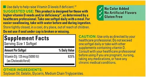 Vista 5 de Nature Made Vitamina D3 5000 UI (125 mcg), 240 cápsulas blandas de vitamina