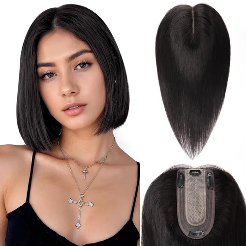 Vista 13 de Benehair Peluca de cabello con clip con flequillo, peluca secreta de cabello 100% humano, postizo superior con flecos, peluca de repuesto