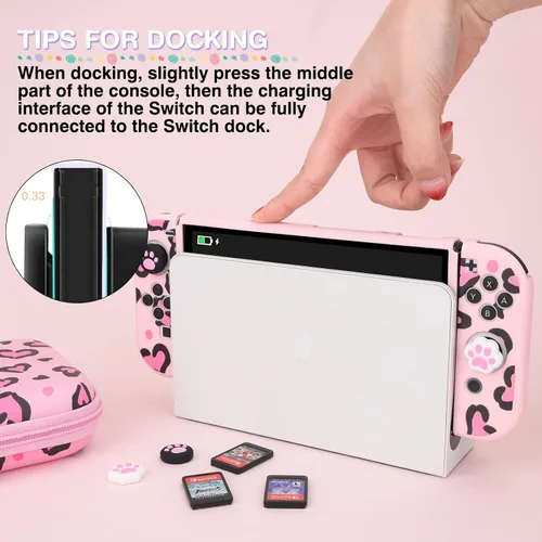 Vista 5 de DLseego Pink Love Leopard Carrying Case for Switch OLED, Cute Silicone Protective Soft Cover with 4PCS Thumb Grip Caps and Pink Plush Heart Pendant