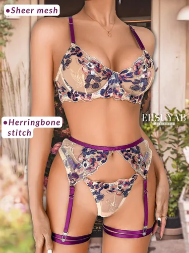 Vista 4 de EHSUYAB Lencería elegante para mujer, bordado colorido, 4 piezas liguero Boudoir