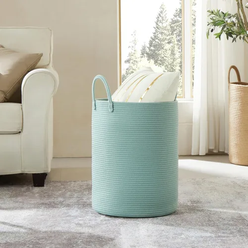 Vista 6 de 38x51 cm de alto cesta de lavandería de cuerda de algodón verde, cesta tejida para ropa y cobijas, almacenamiento en dormitorio, sala de estar