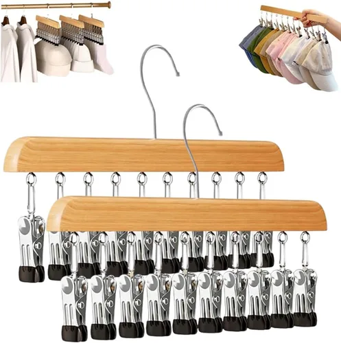 Vista 11 de Organizador de armario con 10 clips, organizador colgante de armario ajustable de madera para armario, colgador de pantalones de acero inoxidable