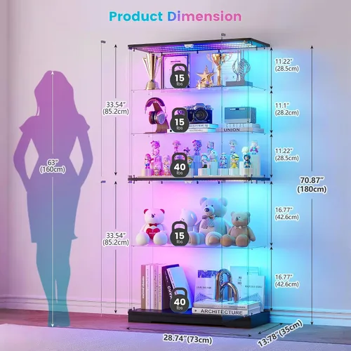 Vista 2 de Vitrina de cristal de 5 niveles con luz RGB y sensor de movimiento Negro