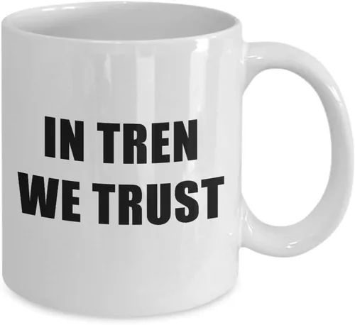 Vista 2 de In Tren We Trust - Taza de acrílico para café, color blanco, 11 onzas
