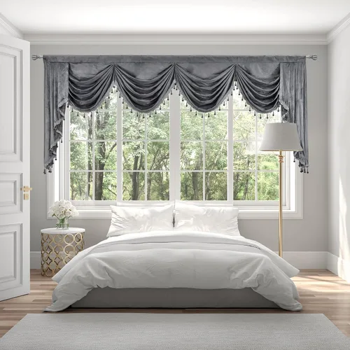 Vista 10 de Toppers Beige de Cortinas de Ventana para Sala de Estar - Cenefa de Cascada de Terciopelo para Dormitorio (1 Panel, 39 Pulgadas de Ancho, Marfil)