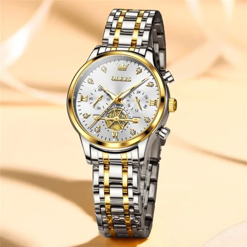 Vista 2 de OLEVS Reloj multifuncional de dos tonos para mujer, reloj analógico de cuarzo para mujer, de acero inoxidable, resistente al agua, con diamantes