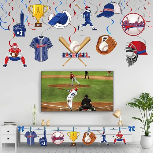 Vista 7 de Clabby 51 piezas de remolinos colgantes de béisbol decoraciones de béisbol fiesta de cumpleaños serpentinas de techo para niños adultos deportes