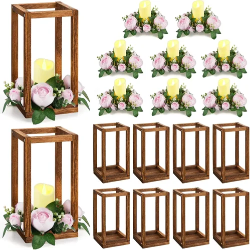Vista 9 de Sabary 30 linternas de eucalipto para boda, centro de mesa, incluye portavelas de madera, sin pilas, velas, coronas de rosas para decoración de mesa