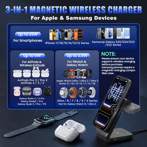 Vista 5 de 25W 3 en 1 cargador inalámbrico para iPhone y Samsung, cargador rápido