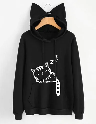 Vista 2 de Women Girl Hoodies Cute Cat Ear Novelty Printed Pullover Sweatshirt