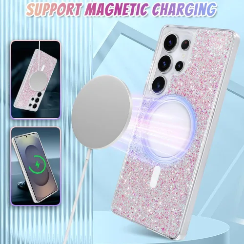 Vista 465 de Bonoma - Funda compatible con Samsung Galaxy S21 Plus, diseño de corazón con purpurina, color rosa Support for MagSafe, Plating Magnetic Case TPU