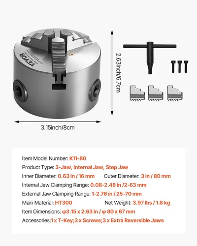 Vista 7 de VEVOR - Portabrocas para torno de 3 mandíbulas, 7,62 cm (80 mm), Portabrocas autocentrante, Rango de sujeción de 2-63 mm (0,08-2,48 pulgadas)