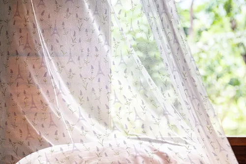 Vista 39 de Ambesonne Cortinas de tul Eiffel con bolsillo para barra, globos retro de corazón de café, remolinos de hito francés, cortina transparente