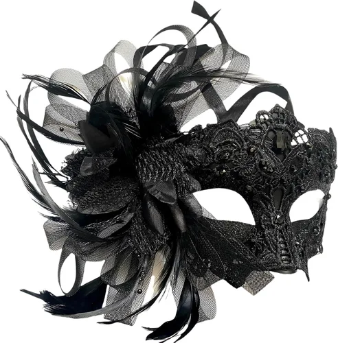 Vista 3 de MASQ Par de máscaras de encaje brocado para mascarada, Mardi Gras, cumpleaños, graduación, boda, fiesta Bk Lace W Pluma
