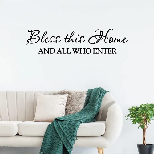 Vista 2 de JEPART Bless This Home - Vinilo decorativo para pared, con texto en inglés "Bless This Home and All Who Inter", frases religiosas, decoración