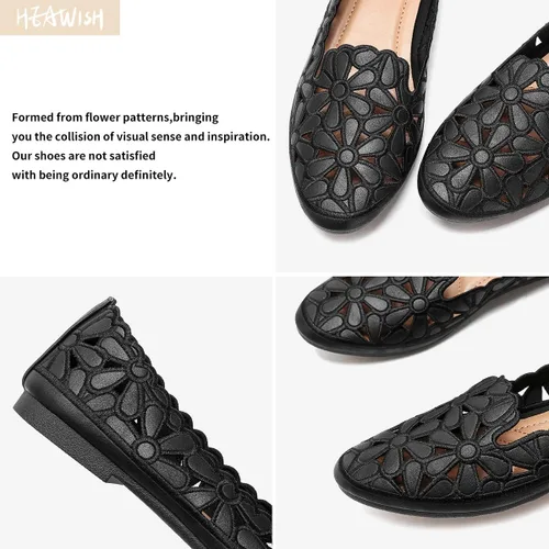 Vista 3 de HEAWISH - Zapatos planos para mujer estilo baletas, con diseño floral, cuero PU, punta redonda, calzado elegante, color negro y beige