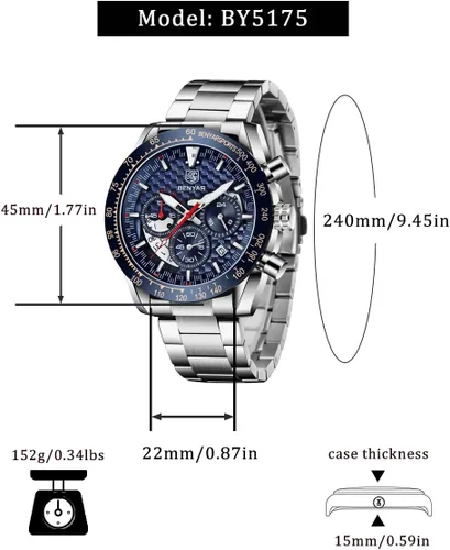 Vista 6 de BENYAR Fashion Men's Quartz Chronograph Waterproof Silicone Watches Business Casual Sport Design Wrist Watch for Men Perfect for Father Son Black