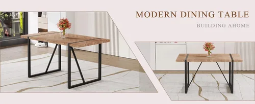 Vista 9 de Una mesa de comedor rectangular retro minimalista con una parte superior especialmente texturizada y patas de metal negro. Mesa de madera