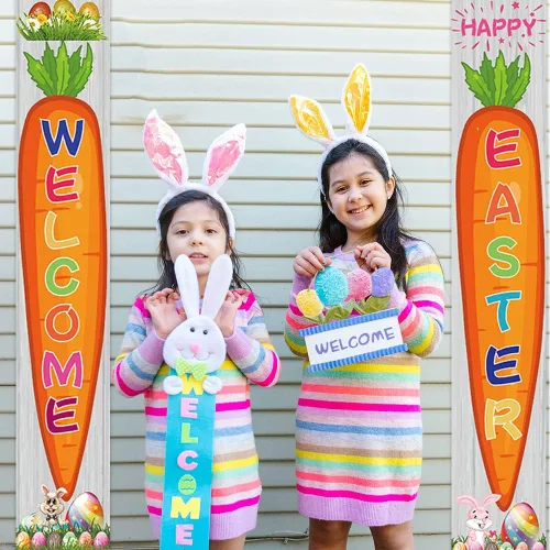 Vista 6 de 2 pancartas de tela para puerta de Pascua, huevos de Pascua, zanahoria, conejo, conejo, puerta colgante, porche, bandera colgante de bienvenida