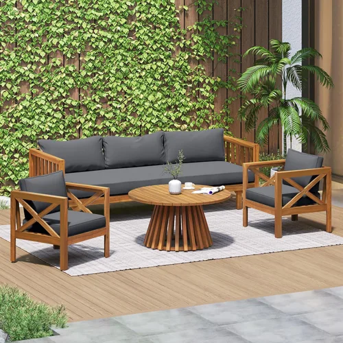 Vista 14 de Merax - Mesa de café redonda de madera de acacia para patio al aire libre, para jardín, balcón, acabado gris