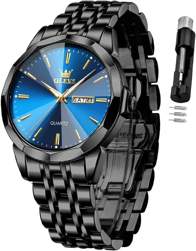 Vista 8 de OLEVS Watch for Men Diamond Business Dress Analog Quartz Stainless Steel Waterproof Luminous Date Two Tone Luxury Casual Wrist Watch Blue