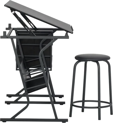 Vista 5 de Eclipse Ultra - Mesa de dibujo con taburete, parte superior ajustable en ángulo, estantes de almacenamiento y cajones de 2 piezas