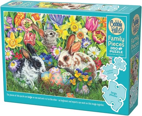 Vista 5 de Cobble Hill Family Piece's 350 Puzzle – Conejitos de Pascua – Póster de muestra incluido