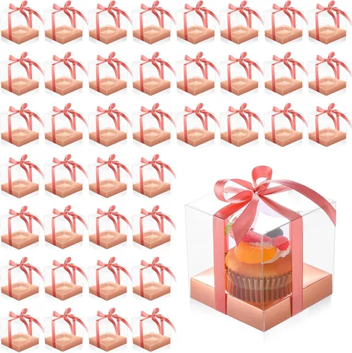 Vista 16 de Thenshop 50 cajas transparentes para cupcakes individuales de 3.5 pulgadas, cajas individuales de plástico para cupcakes con insertos y cinta