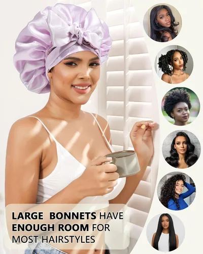 Vista 6 de Gorras de satén de seda para mujeres, envoltura de cabello rizado para dormir, gorra reversible con banda de corbata, gorra de dormir de doble capa