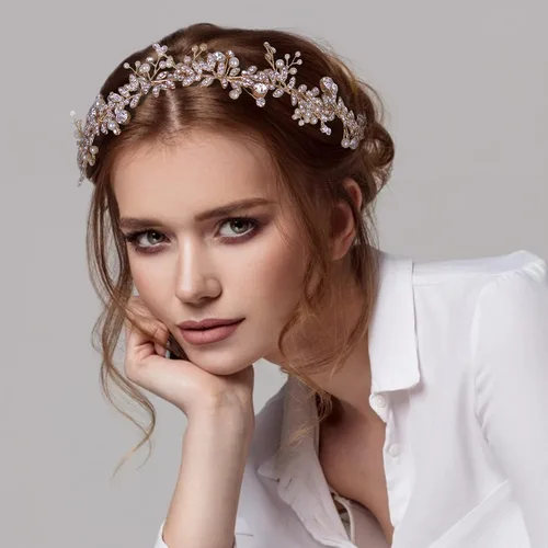 Vista 2 de Diadema de diamantes de imitación de los años 20 para novia, accesorios de los años 20 para mujeres, novias de boda, color dorado