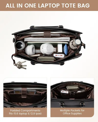 Vista 4 de LOVEVOOK Bolsa para laptop para mujeres, Bolsa tote grande de cuero PU de 15.6 pulgadas, Bolsa de trabajo profesional para maestras, Maletín