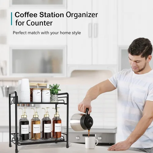 Vista 4 de Organizador de estación de café para encimera, organizador de barra de café, estantes de accesorios para encimera de cocina de 2 niveles (negro)