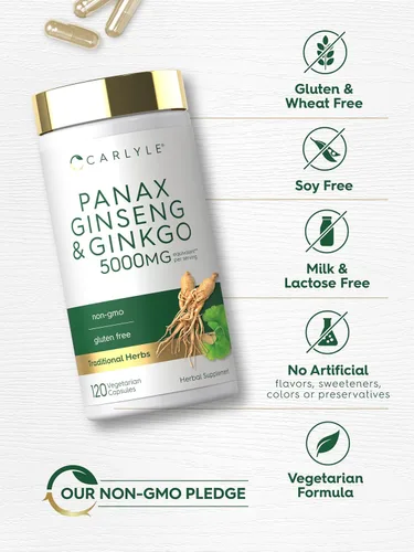 Vista 5 de Carlyle Panax Ginseng y Ginkgo 120 Cápsulas Vegetarianas Suplemento sin OMG y sin gluten