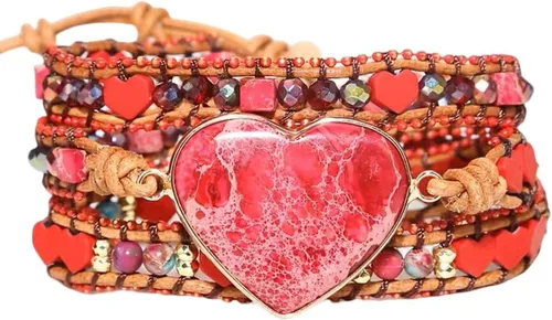 Vista 8 de Women Boho Wrap Bracelet Natural Jasper Crystal Stone Bead Strand Bracelets Marrón