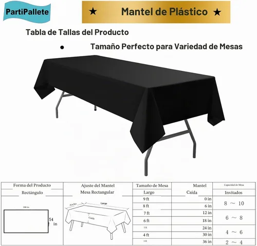 Vista 6 de Paquete de 3 manteles de plástico premium negros desechables de 54 x 108 pulgadas. Mantel rectangular desechable para mesas de fiesta, para T01 Negro